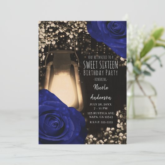 Rustieke Glow Lantaarn Navy Rozen Bruiloft Sweet 1 Kaart (Staand voorkant)