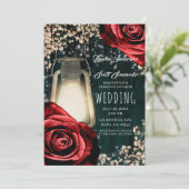 Rustieke Glow Lantaarn Rode Rozen & Blauwgroen bru Kaart (Staand voorkant)