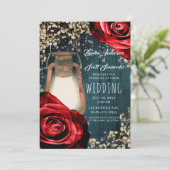 Rustieke Glow Lantaarn Rode Rozen & Blauwgroen bru Kaart (Staand voorkant)