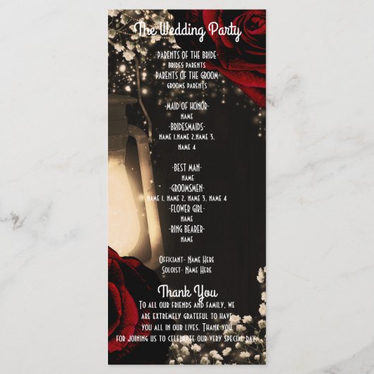 Rustieke Glow Lantaarn & Rode Rozen Wedding Progra Programmakaart (Achterkant)