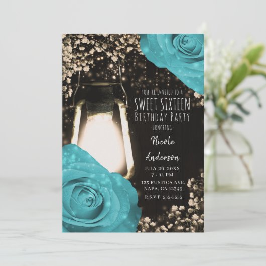 Rustieke Glow Lantaarn Turquoise Blauwe Rozen Swee Kaart (Staand voorkant)