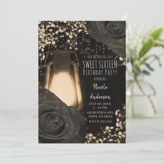 Rustieke Glow Lantaarn Warme Zwarte Rozen Sweet 16 Kaart (Staand voorkant)