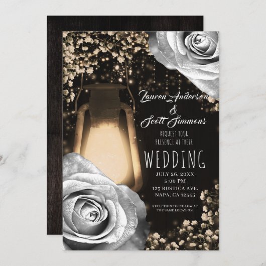 Rustieke Glow Lantaarn Zilveren Grijze Rozen Bruil Kaart (Voorkant / Achterkant)