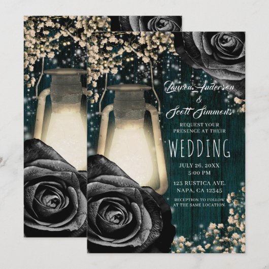 Rustieke Glow Lantaarn Zwart Rozen & Blauwgroen br Kaart (Voorkant / Achterkant)