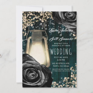 Rustieke Glow Lantaarn Zwarte Rozen & Teal Bruilof Kaart
