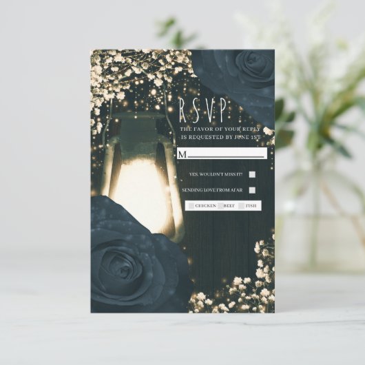 Rustieke Glow Lantern Blauw Zwart Rozen Bruiloft R RSVP Kaartje (Staand voorkant)