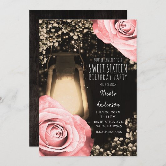 Rustieke Glow Lantern Blush Peach Rozen Sweet 16 Kaart (Voorkant / Achterkant)
