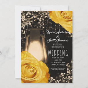 Rustieke Glow Lantern Gouden Gele Rozen Bruiloft Kaart