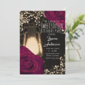 Rustieke Glow Lantern & Magenta Rozen Sweet 16 Kaart (Staand voorkant)