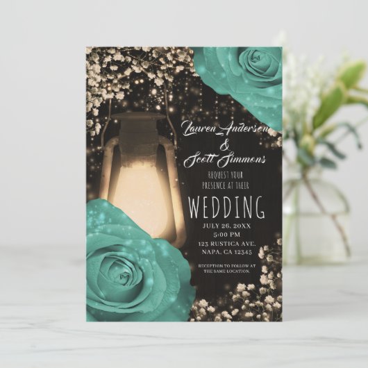 Rustieke Glow Lantern Mint Groene Rozen Bruiloft I Kaart (Staand voorkant)