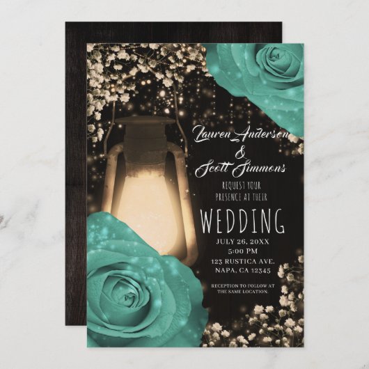 Rustieke Glow Lantern Mint Groene Rozen Bruiloft I Kaart (Voorkant / Achterkant)