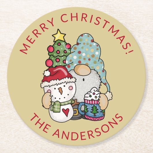 Rustieke Gnome Sneeuwman Kerstmis Ronde Kartonnen Onderzetter (Voorkant)