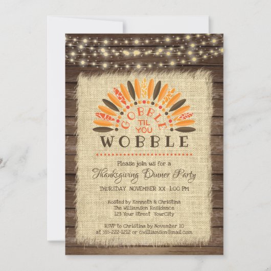 Rustieke "Gobble til you Wobble" Thanksgiving Dine Kaart (Voorkant)