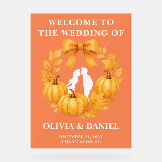 Rustieke Golden Pumpkin Fall Wedding Welkom Acryl Bord (Voorkant)