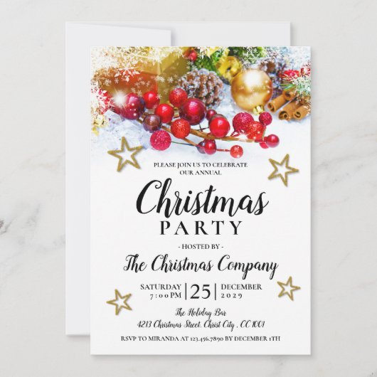 Rustieke Gouden Baubles Holly Berries Kerstfeest Kaart (Voorkant)