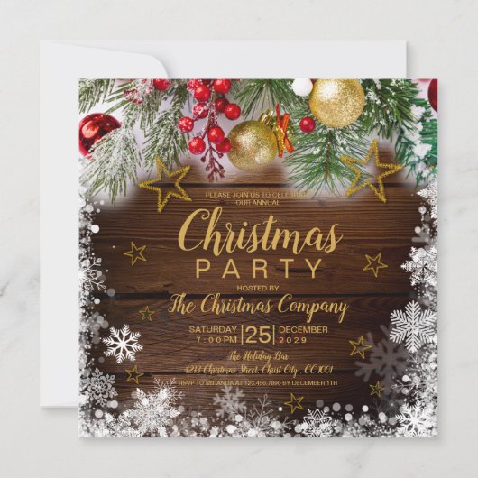 Rustieke Gouden Baubles Holly Berries Kerstfeest Kaart (Voorkant)