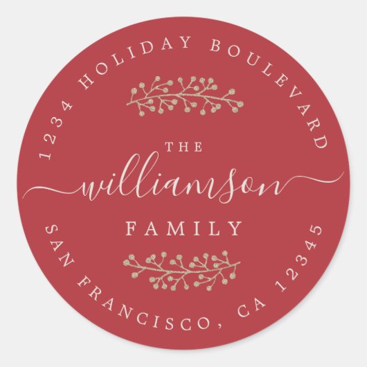 Rustieke Gouden bessen Sprig Rode Kerstmis Ronde Sticker (Voorkant)