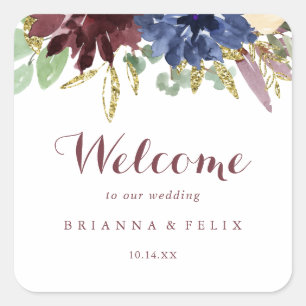 Rustieke gouden bladeren en bloemenbruiloft Welkom Vierkante Sticker