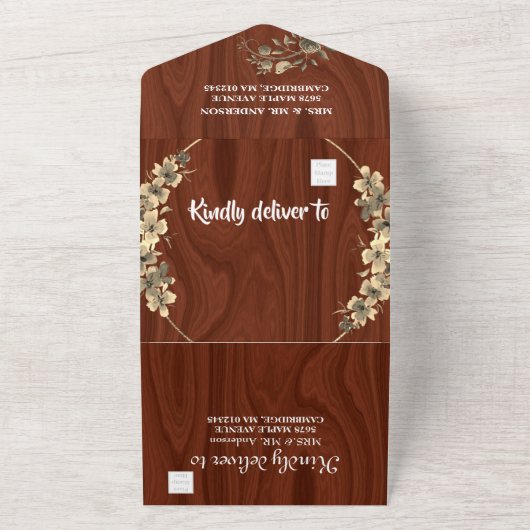 Rustieke Gouden Bloem Bruiloft All In One Uitnodiging (Buitenkant)