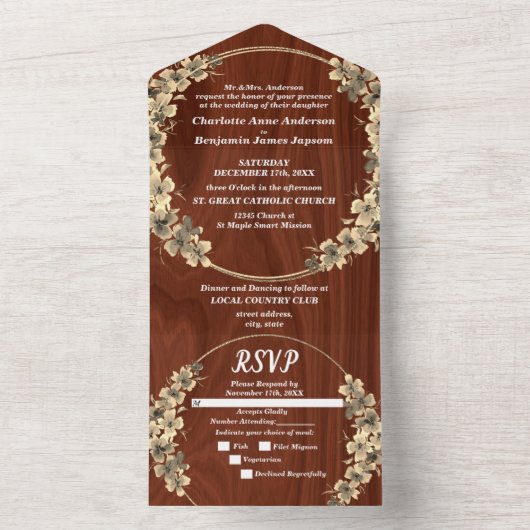 Rustieke Gouden Bloem Bruiloft All In One Uitnodiging (Binnen)