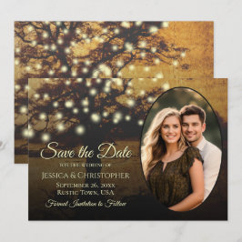 Rustieke Gouden Boomlichtjes & Elegante Trouwfoto Save The Date