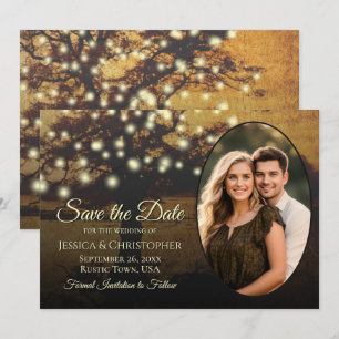 Rustieke Gouden Boomlichtjes & Elegante Trouwfoto Save The Date