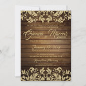 Rustieke gouden Damask en Barn Wood Wedding Kaart (Voorkant)