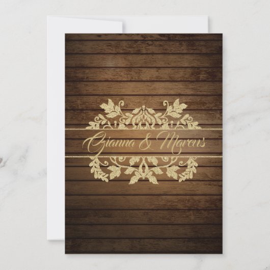 Rustieke gouden Damask en Barn Wood Wedding Kaart (Achterkant)