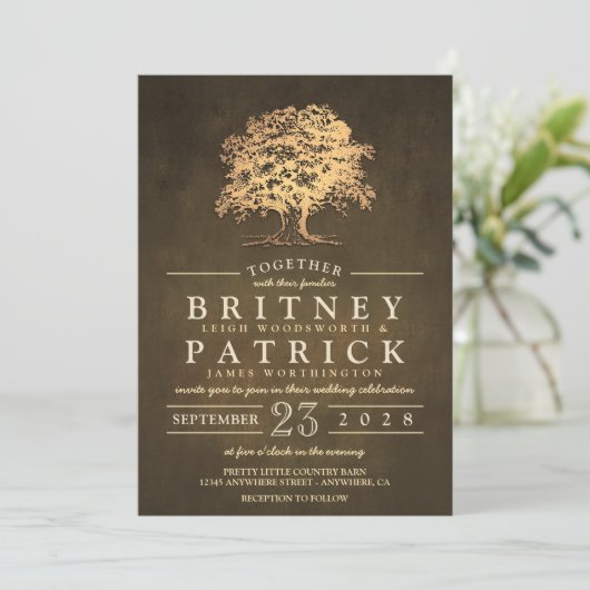  rustieke gouden eiken boom bruiloft uitnodigingen (Staand voorkant)