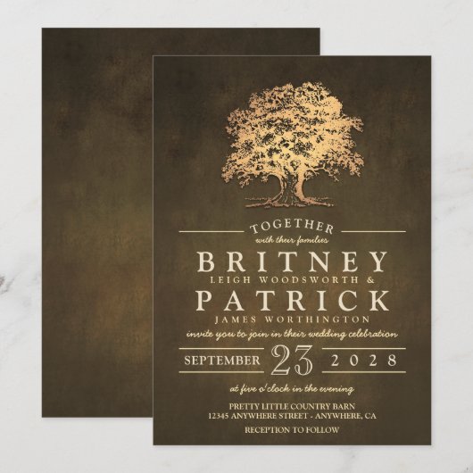rustieke gouden eiken boom bruiloft uitnodigingen (Voorkant / Achterkant)