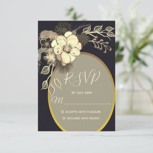 Rustieke gouden en zwarte bruiloft RSVP kaartje (Staand voorkant)