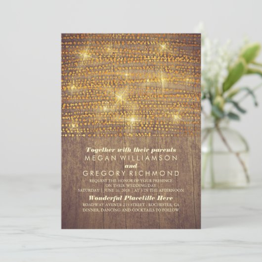 Rustieke Gouden Glitter String Lights Wedding Kaart (Staand voorkant)