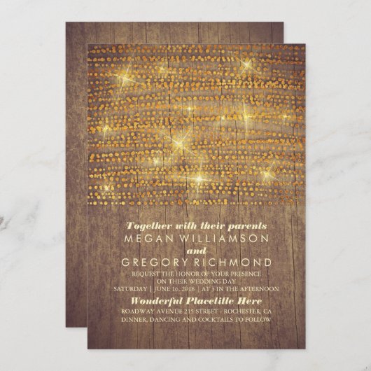 Rustieke Gouden Glitter String Lights Wedding Kaart (Voorkant / Achterkant)