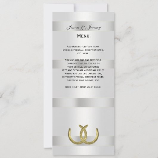 Rustieke Gouden Hoefijzers Silver Wht Menu Kaarten (Achterkant)
