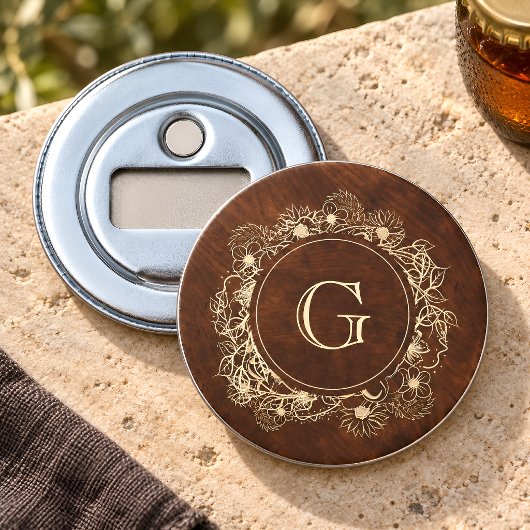 Rustieke gouden monogram trouw button flesopener