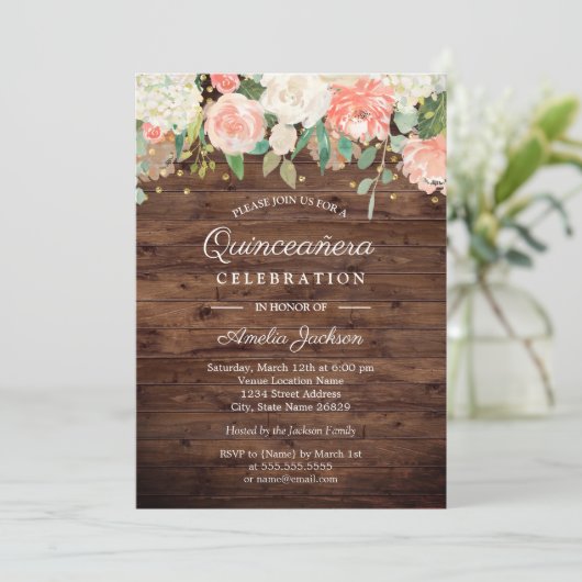 Rustieke Gouden Perzik Bloemen Hout Quinceanera In Kaart (Staand voorkant)