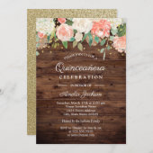 Rustieke Gouden Perzik Bloemen Hout Quinceanera In Kaart (Voorkant / Achterkant)