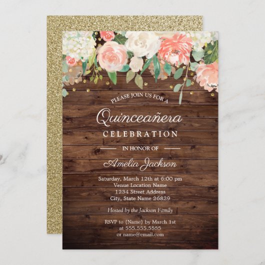 Rustieke Gouden Perzik Bloemen Hout Quinceanera In Kaart (Voorkant / Achterkant)