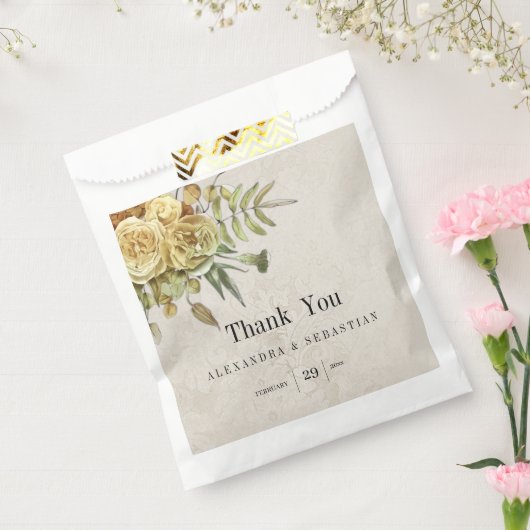 Rustieke Gouden Rozen op Damask Bruiloft Bedankzakje (Gezegeld)