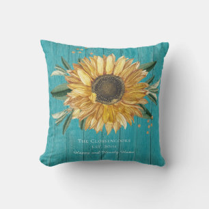Rustieke Gouden Zonnebloem Turquoise Blauwe Schuur Kussen