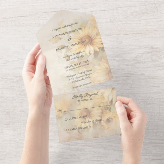 Rustieke gouden zonnebloemen all in one uitnodiging (Afscheurbaar)