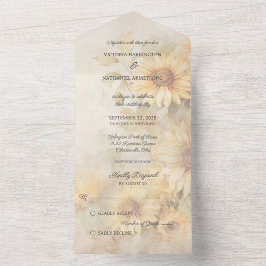 Rustieke gouden zonnebloemen all in one uitnodiging (Binnen)