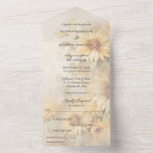 Rustieke gouden zonnebloemen all in one uitnodiging (Binnen)