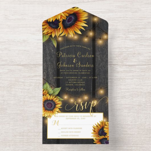 Rustieke gouden zonnebloemen hout bruiloft gouden  all in one uitnodiging (Binnenkant)