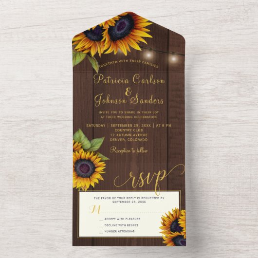 Rustieke gouden zonnebloemen houten lichten bruilo all in one uitnodiging (Binnen)