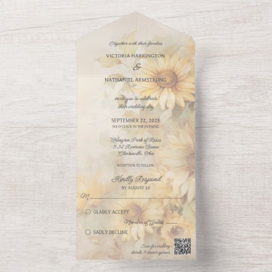 Rustieke Gouden Zonnebloemen QR Code All In One Uitnodiging (Binnen)