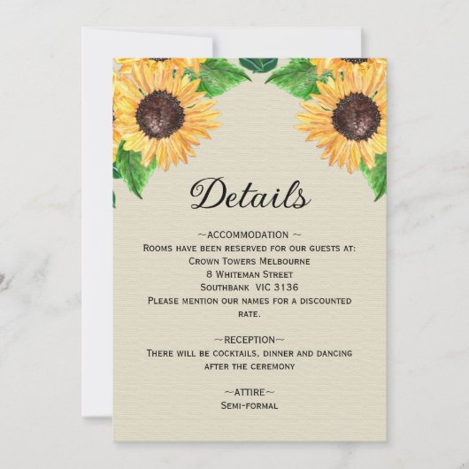 Rustieke gouden zonnebloemen trouwdetails kaart (Voorkant)
