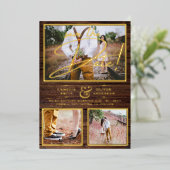 Rustieke GOUDFOLIE Foto Collage Houten Save the Da Folie Uitnodiging (Staand Voorkant)