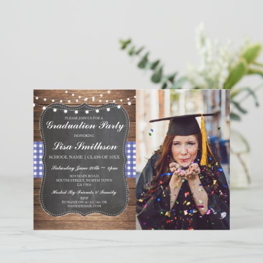 Rustieke Graduation Party Blauw Check Chalk BBQ Fo Kaart (Staand voorkant)