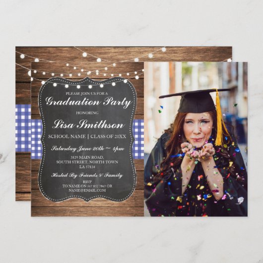 Rustieke Graduation Party Blauw Check Chalk BBQ Fo Kaart (Voorkant / Achterkant)